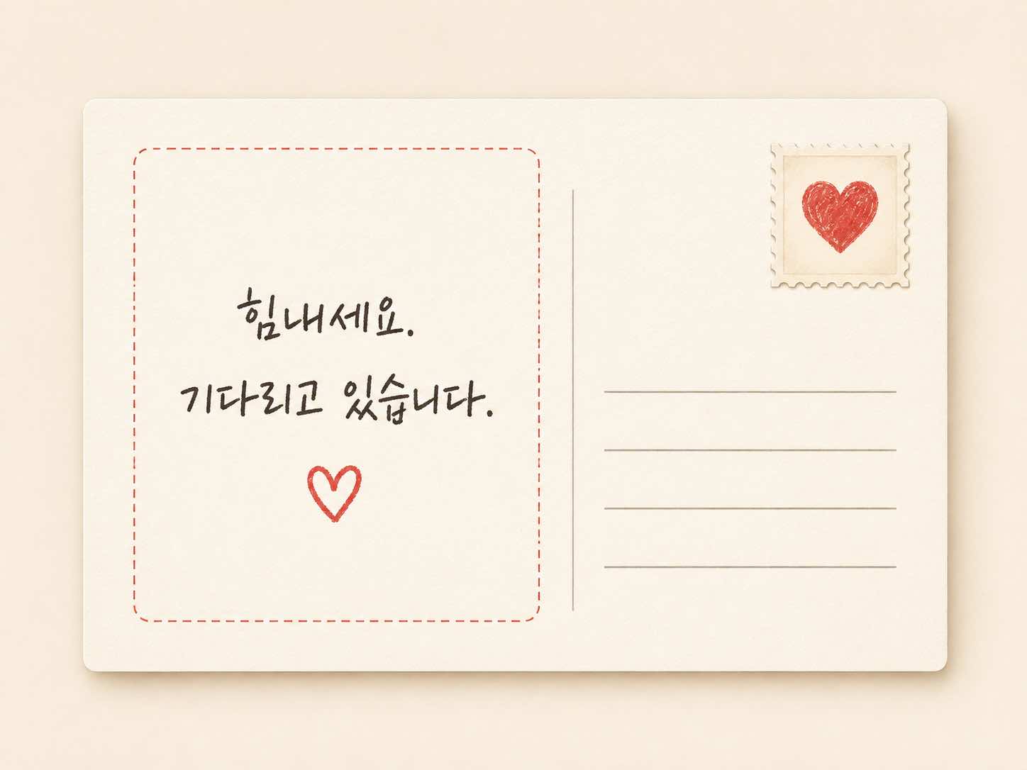 힘내세요. 기다리고 있습니다.라고 적힌 짧은 엽서 예시